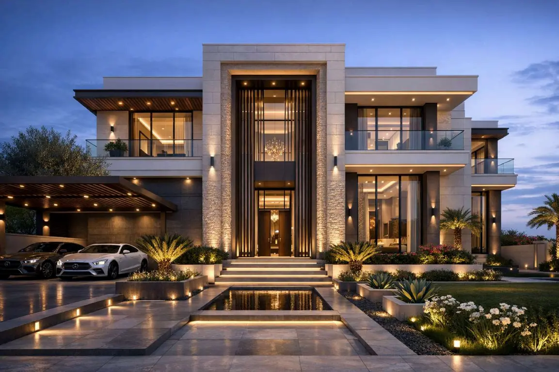 Front elevation of green building residential villa in Nadd Al-Shiba Dubai — Moduline Engineering