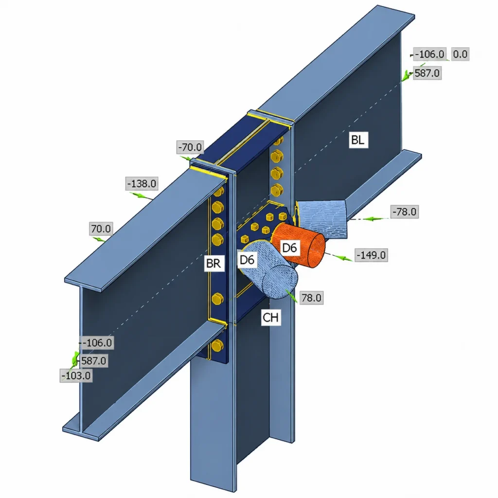3D steel connection analysis ensuring efficient force transfer and structural integrity by Moduline