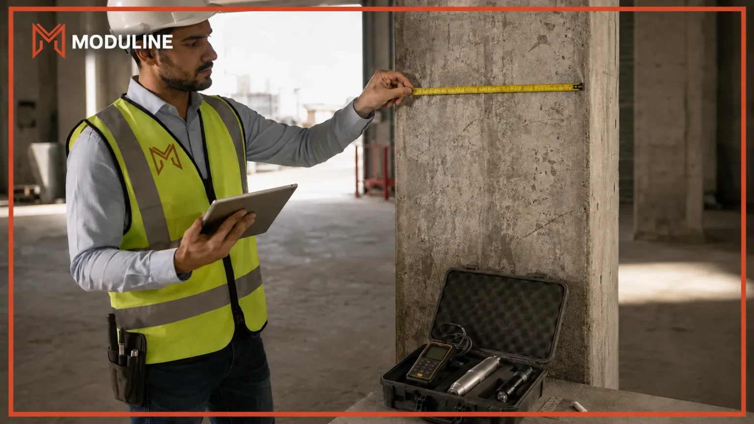 Structural engineer inspecting a reinforced concrete column during a building assessment in Dubai