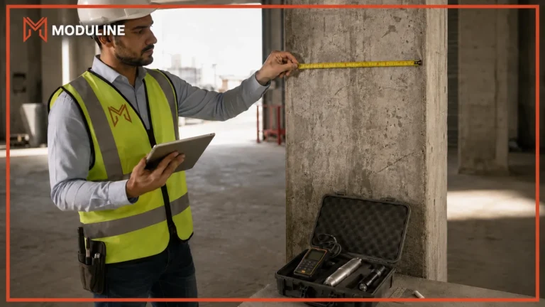 Structural engineer inspecting a reinforced concrete column during a building assessment in Dubai