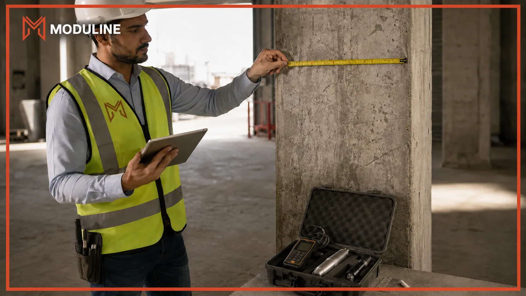Structural engineer inspecting a reinforced concrete column during a building assessment in Dubai